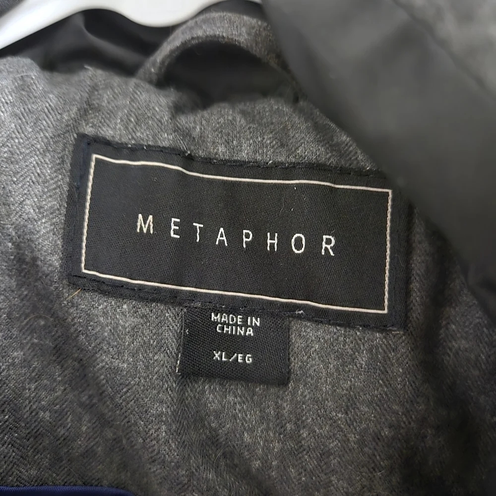 Metaphor Womens XL Puffer Jacket Gray Herringbone Mixed Media Quilted Hooded Par